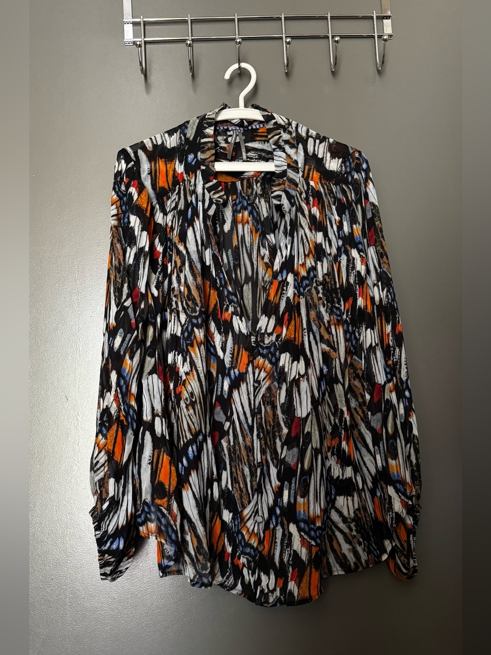 Anthropologie Sheer Multicolored Butterfly Print Blouse with Button-up Front